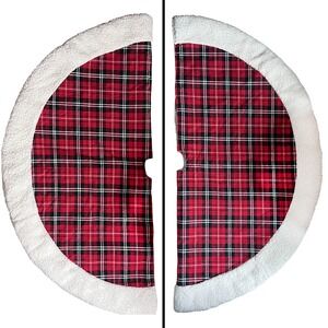 Pier 1 Red Plaid Christmas Tree Skirt 47 Inch Round Faux Sherpa Trim